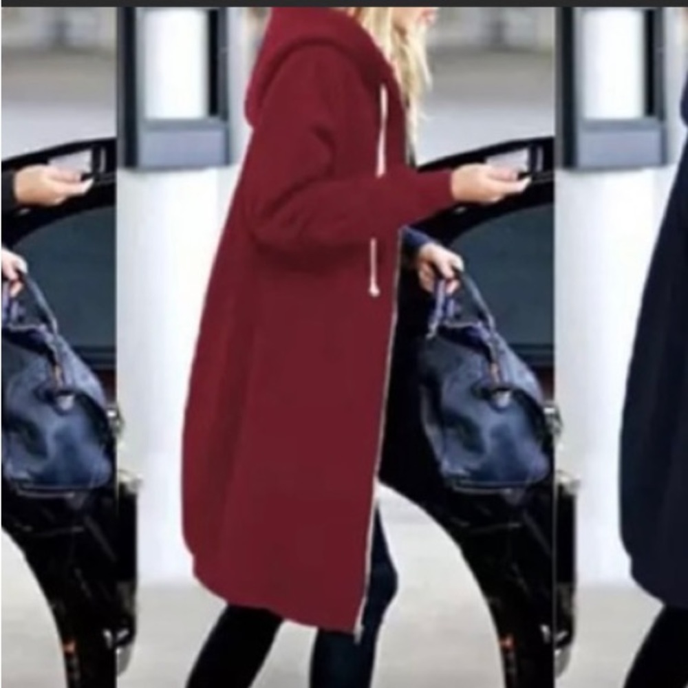 BURGUNDY Long Maxi Fleece Lined Zip Up Hooded Sweater
